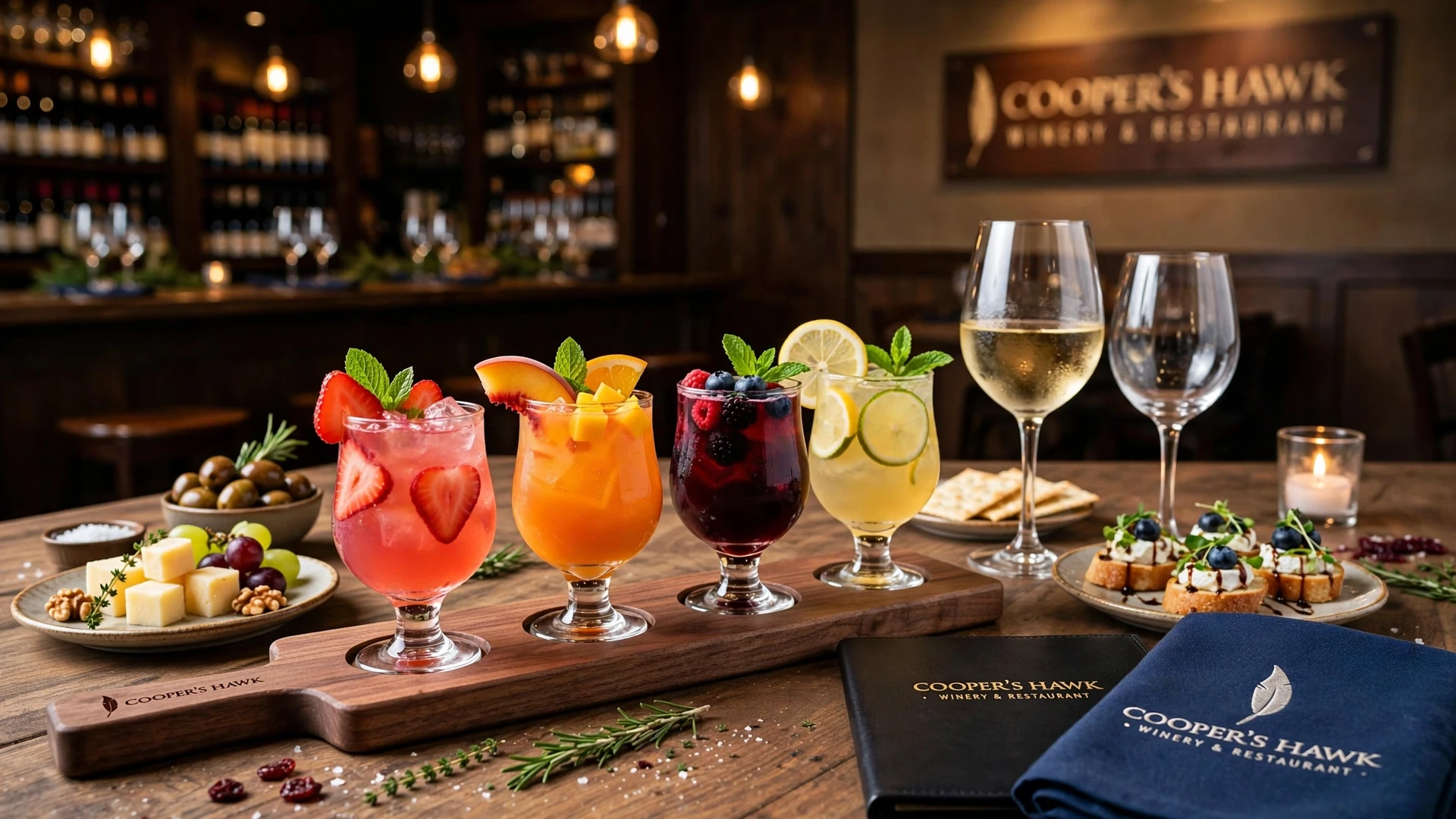 Cooper's Hawk happy hour: sangria flight, wine glasses and small plates