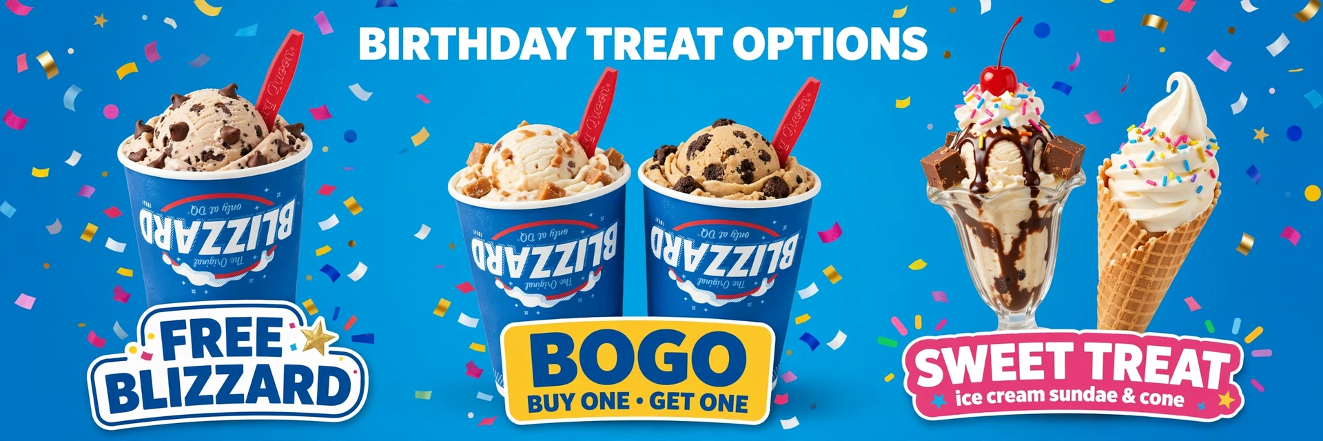 Dairy Queen birthday reward treats: Blizzard, sundae, and cone