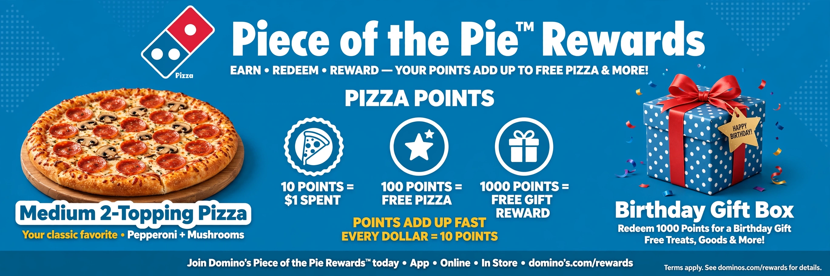 Dominos birthday reward: free medium 2-topping pizza through Piece of the Pie Rewards