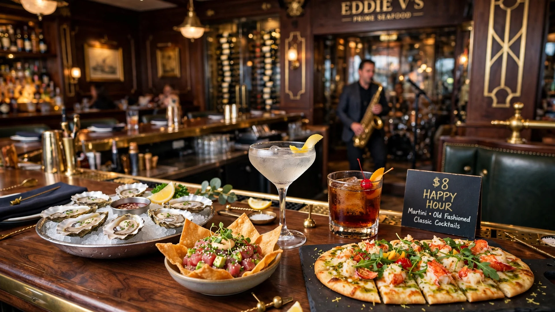 Eddie V's happy hour: cocktails, wine and seafood teaser plates in the V Lounge