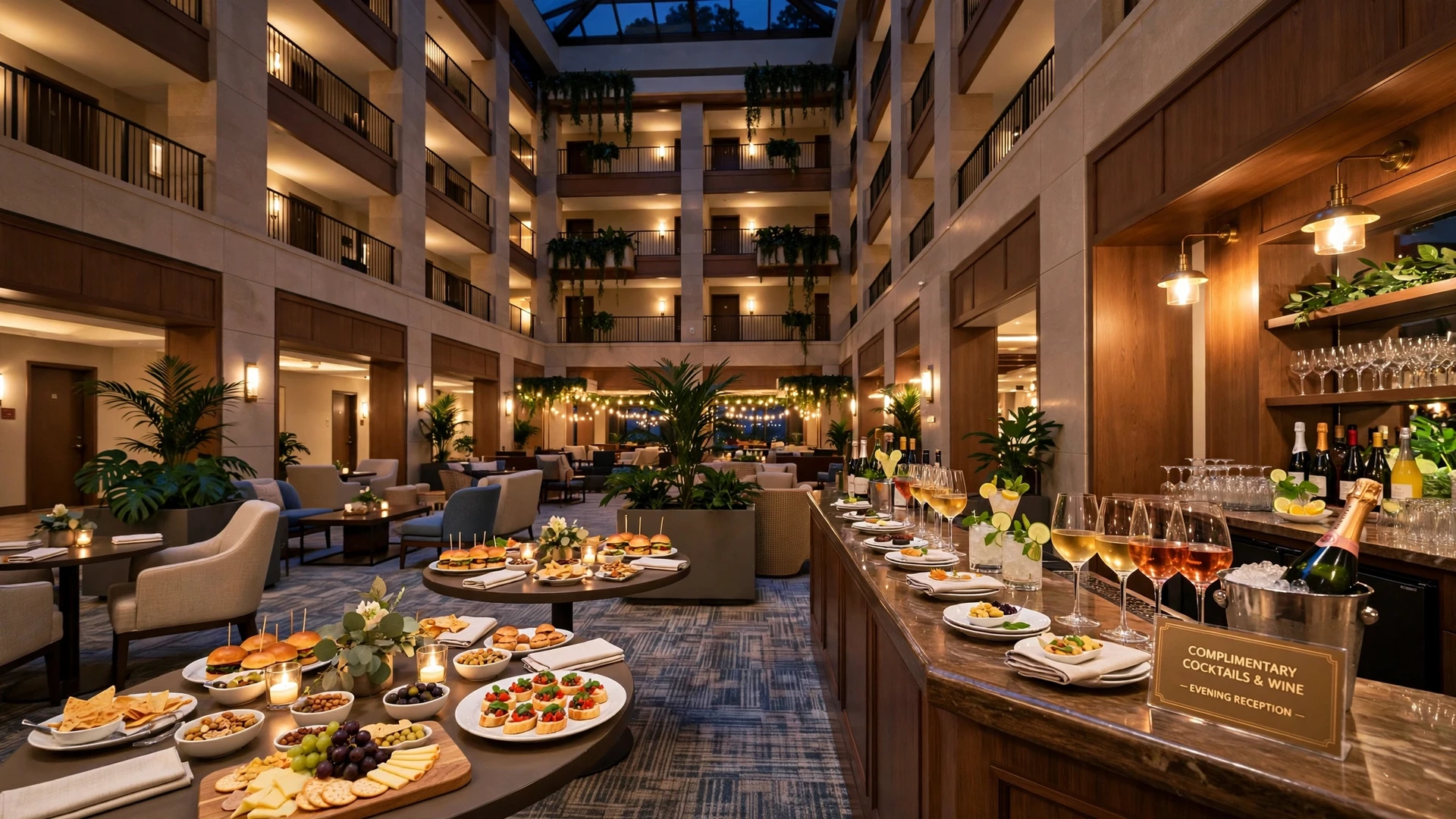 Embassy Suites happy hour: complimentary evening reception drinks and snacks