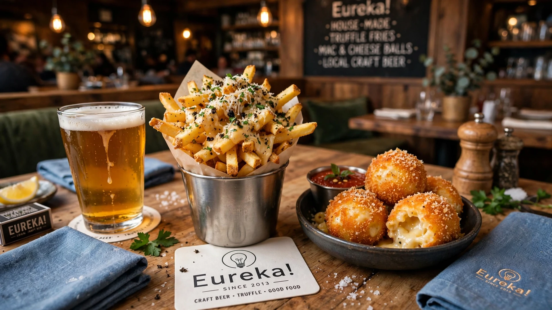 Eureka happy hour: truffle cheese fries, craft beer and mac n cheese balls