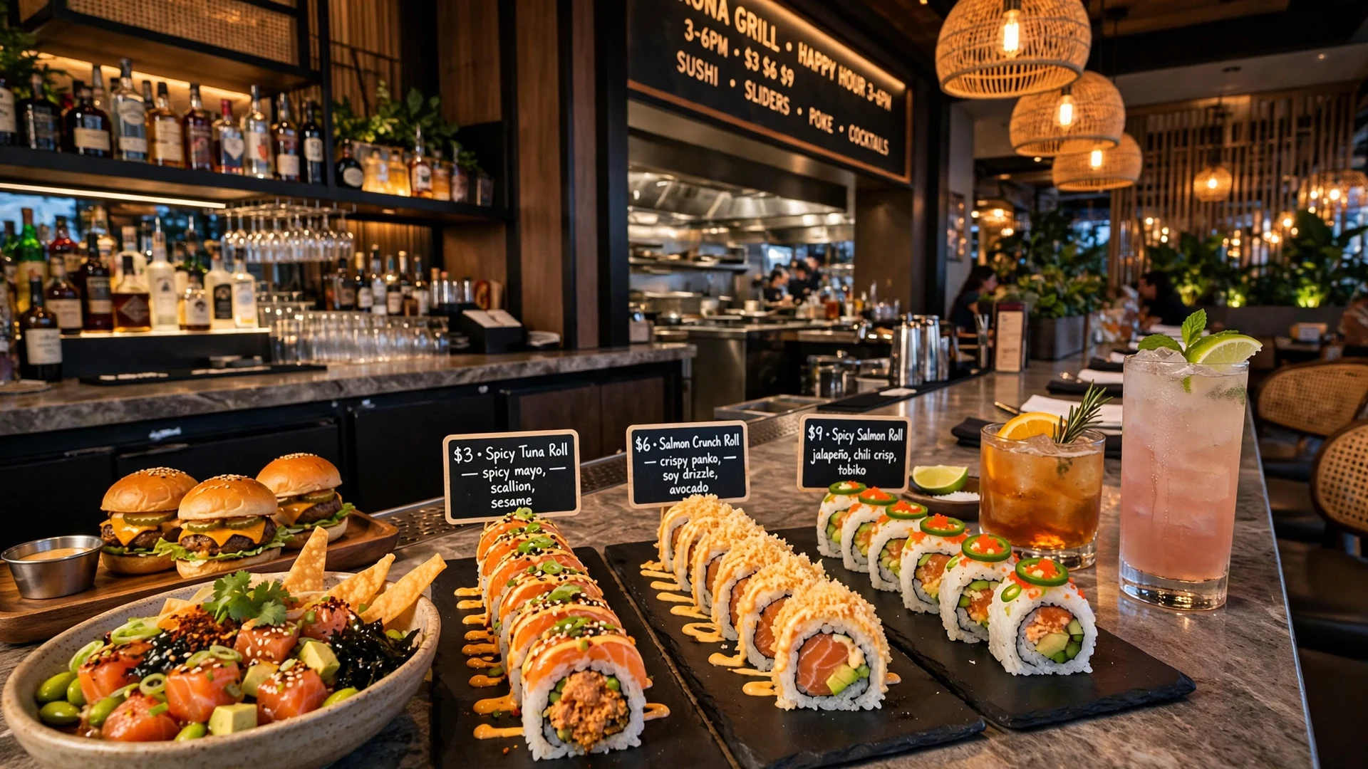 Kona Grill happy hour: $3 $6 $9 sushi rolls and cocktails