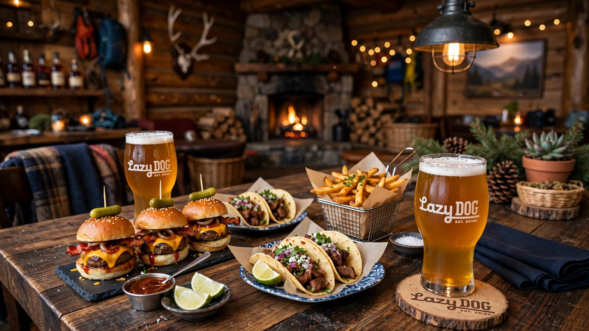 Lazy Dog happy hour: appetizers, tacos and craft beer in a lodge-style bar