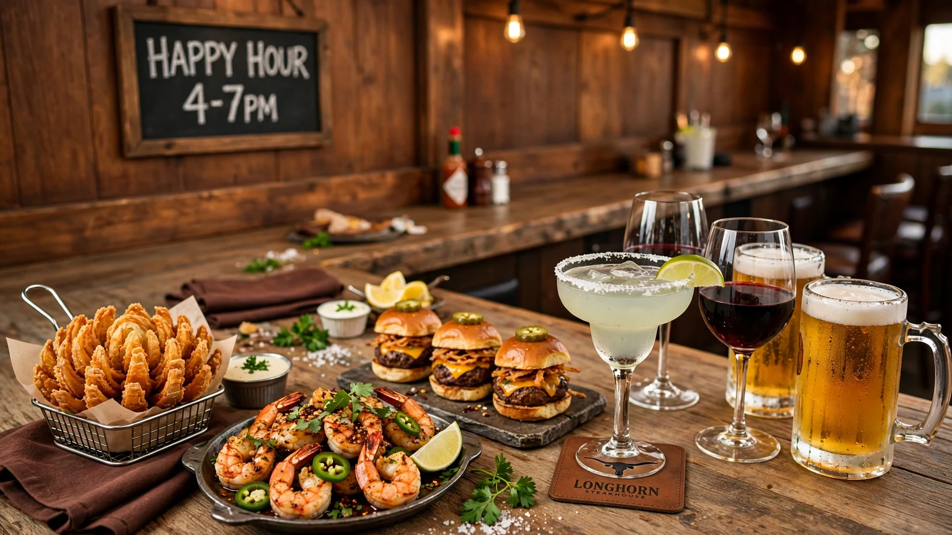 Longhorn happy hour: margarita, draft beer and steakhouse appetizers