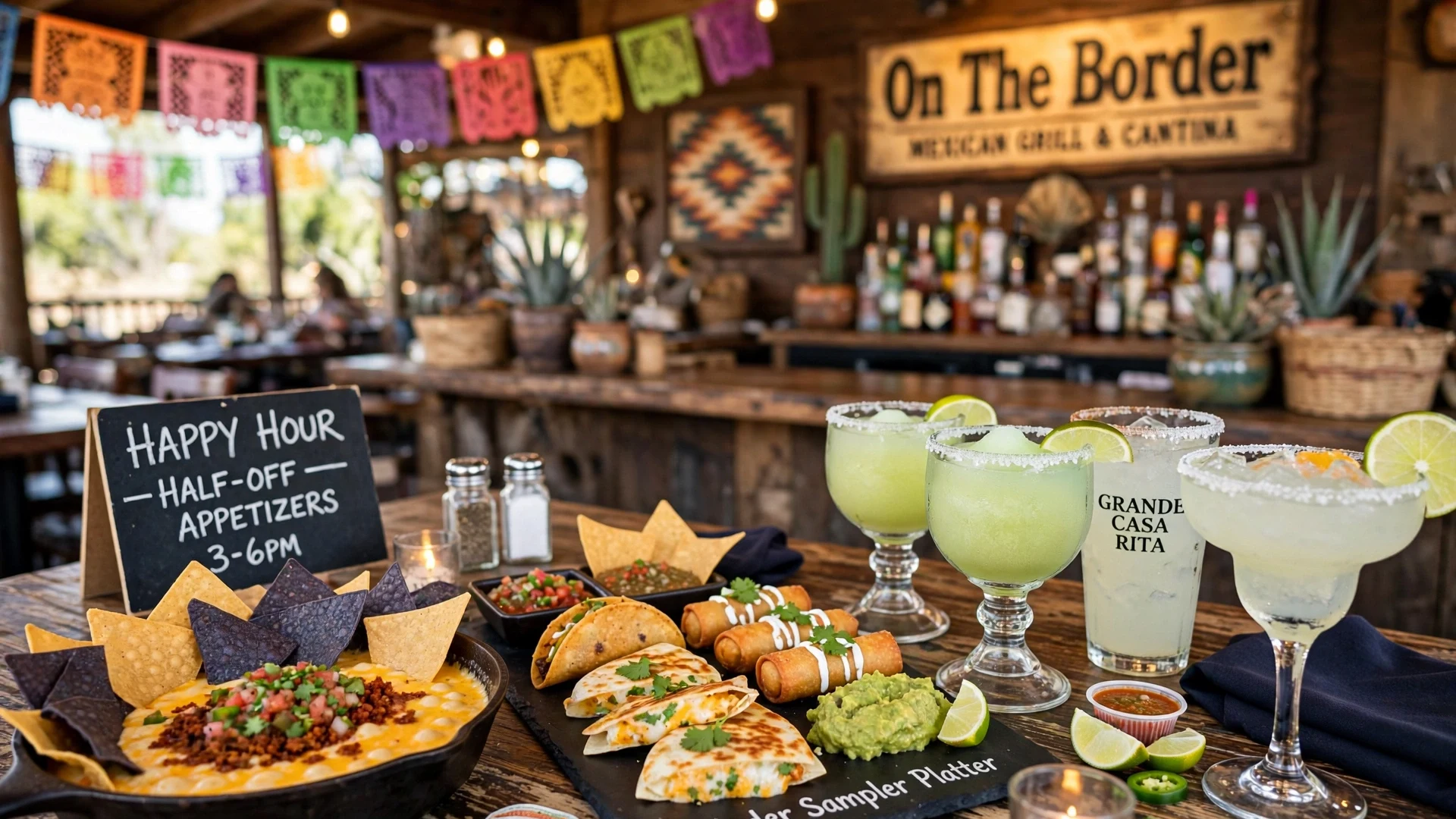 On The Border happy hour: margaritas, queso and stacked nachos