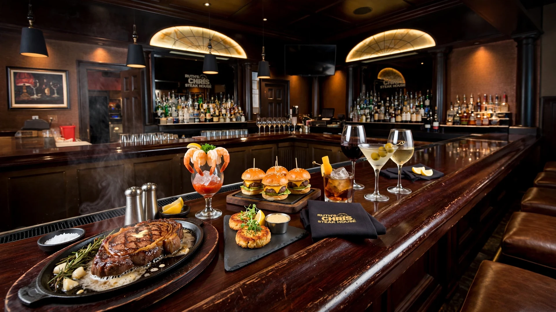 Ruth's Chris happy hour: prime cheeseburger, spicy shrimp and pomegranate martini at the bar