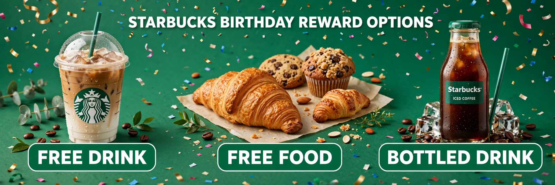 Starbucks birthday reward options: handcrafted drink, food item, or bottled beverage