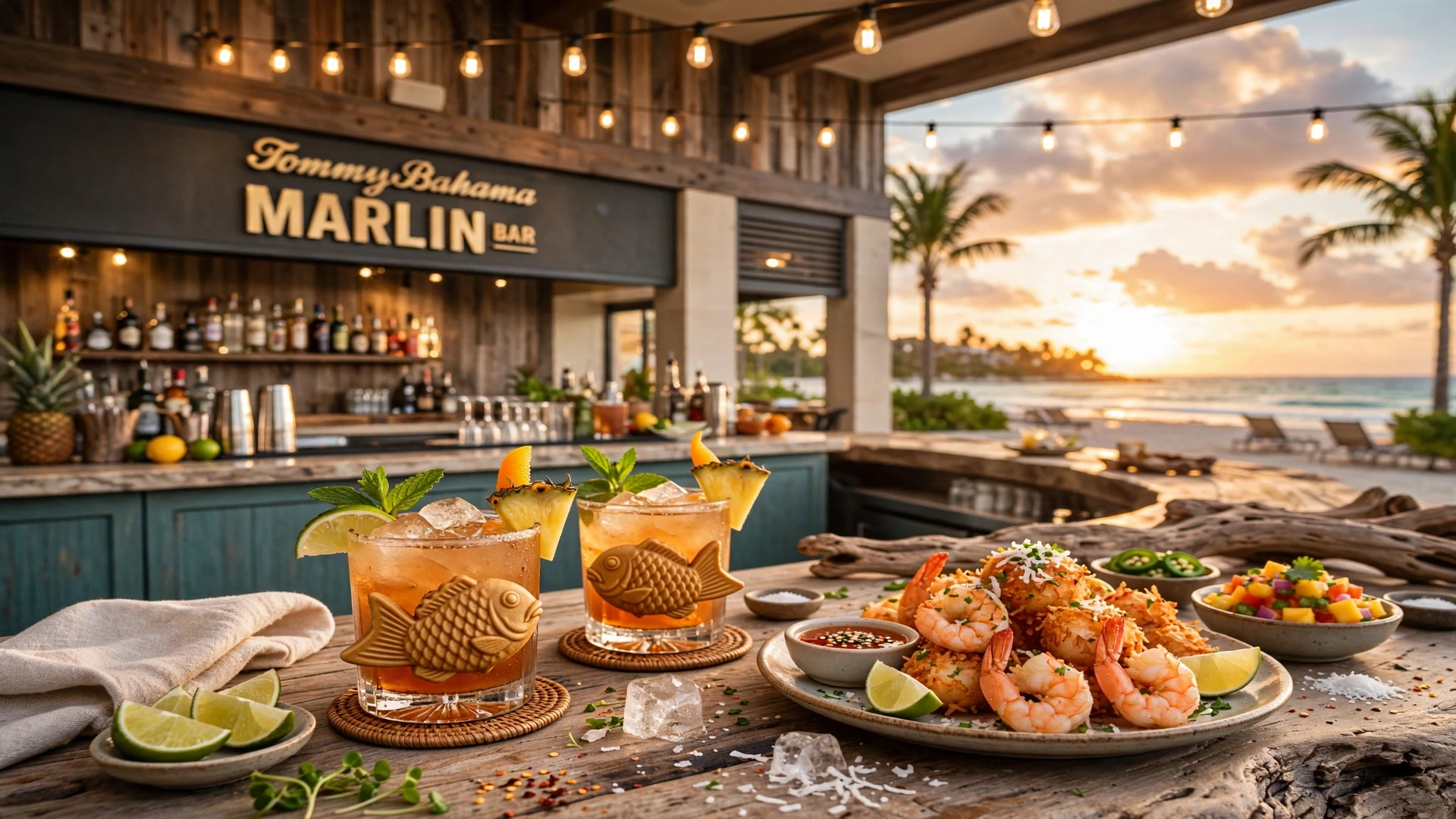 Tommy Bahama happy hour: tropical cocktails and coconut shrimp at the Marlin Bar